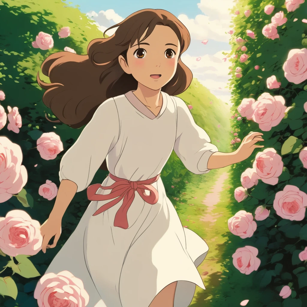 Girl of Asian ethnicity, bright light brown eyes, pastel brown hair, wearing a long white dress with a flower design, running through a field of rose bushes, style Ghibli