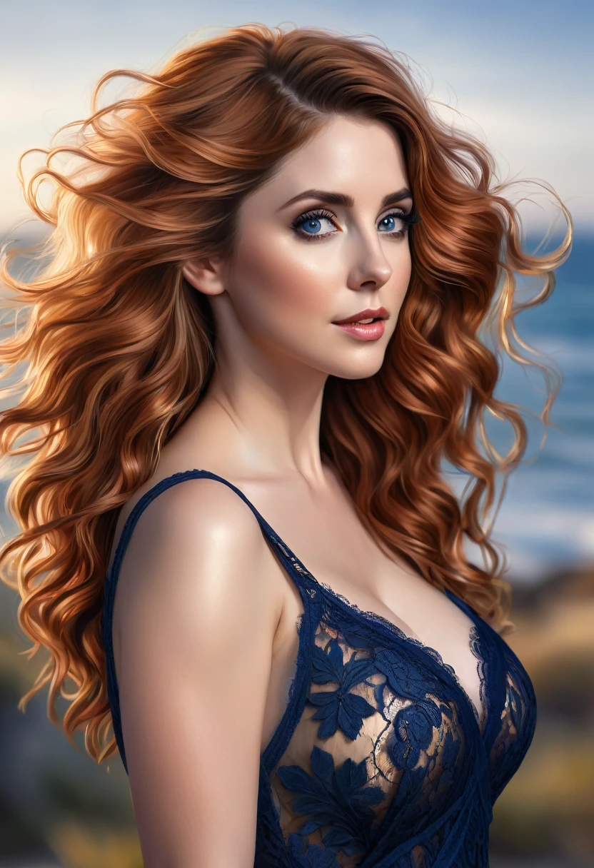 Beautiful boho women with Navy-blue-dress. blue lace. copper colored hair that is coarse, wiry, and tightly curled. It often has a rough texture, feels stiff to the touch, and may be prone to frizz and tangling. The curls can be densely packed. The Official Art – An Award-Winning Digital Masterpiece In 4K Ultra HD, Extreme Detail And Intricate Realism. This Concept Art Brought To Life By The Hands Of Artists Like Wlop & Artgerm In A Stunning 2D Vector Illustration. Alison Brie. Paige Renee Spiranac LArge, perky, full, well shaped pleasing breasts. Background is a panoramic vista.
