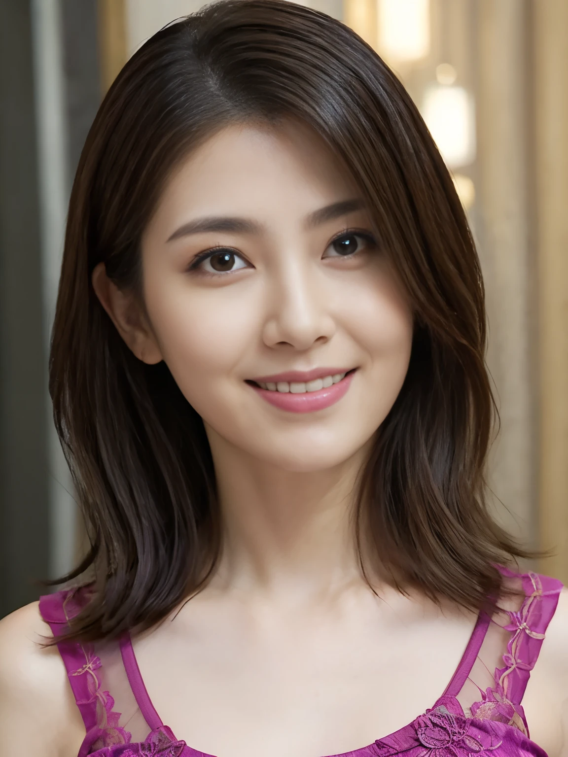 (Raw Photo), (Photorealsitic), (Masterpiece), (Best Quality), High Resolution, 8K, (Intricate Details), (Voluminous Light), Portrait, Female, (50 Years Old), Medium Straight Hair, layered hair, brown hair, very fine eyes, source order, very fine eyebrows, very fine skin, very fine mouth, very fine nose, cute like an idol, happy smile, (thick lips), (looking at the viewer), (Elegant Transparency Magenta Short Sleeve dress), waist shot, (Body facing forward),