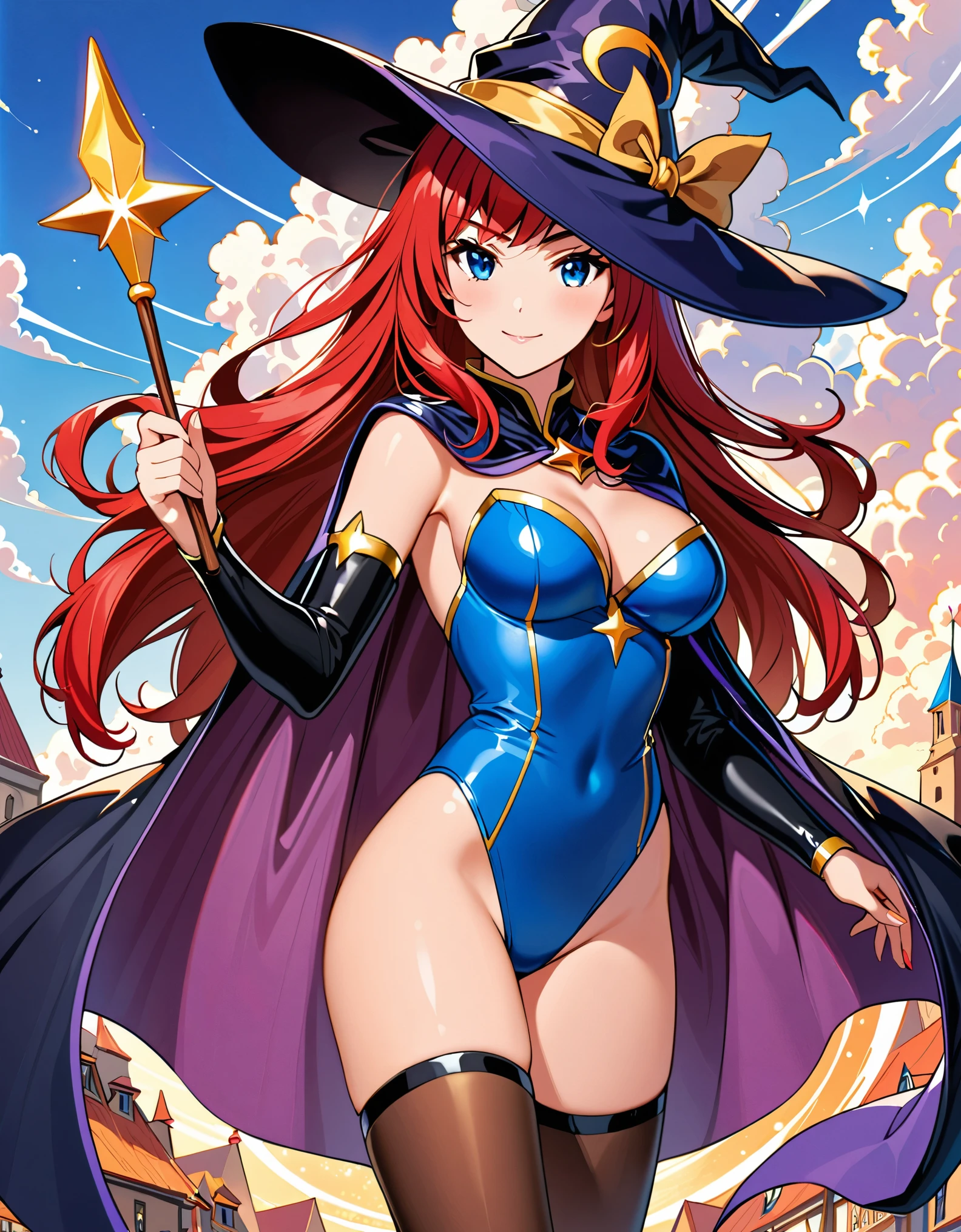 1girl, high school student, superhero, holding wand, superhero sorceress witch, sky witch, leotard, blue leotard with white accents, bare legs, blue thigh-highs, red high heels, witch hat, red hair, long hair, blue eyes, beautiful detailed eyes, beautiful detailed face, cute face, medium breasts, -18, solo, solo focus, wonder