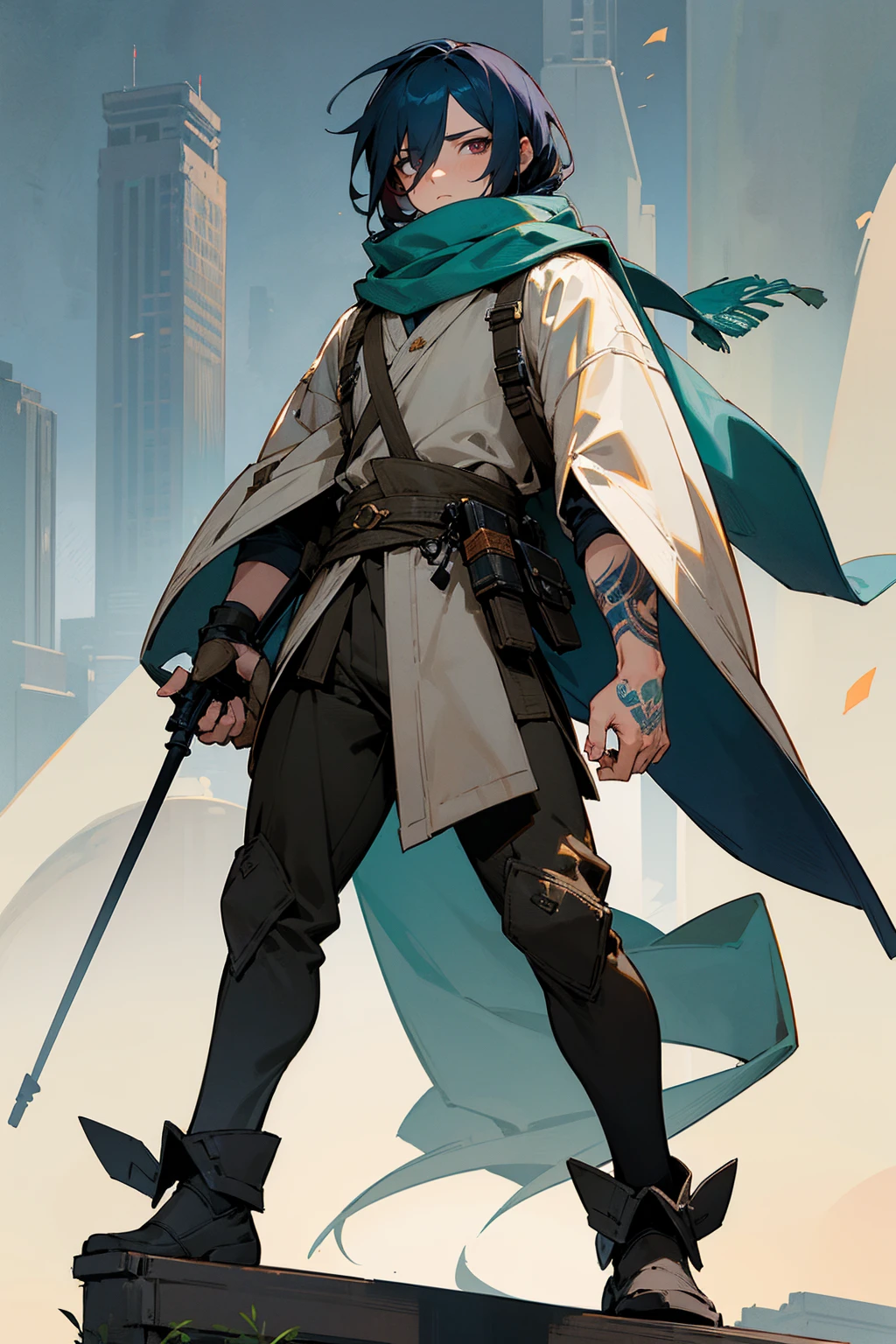 Masterpiece Quality, Perfect Generation, Sclera, Detailed Eyes, , Clothing, Calm Expression, , Building Background, Full Body, facing viewer, Standing , , ,, , combat clothing, , random color hair, random style, Random Eyes, Muscular, , , male, , strong, confident, sniper, scarf covering face, tattoos