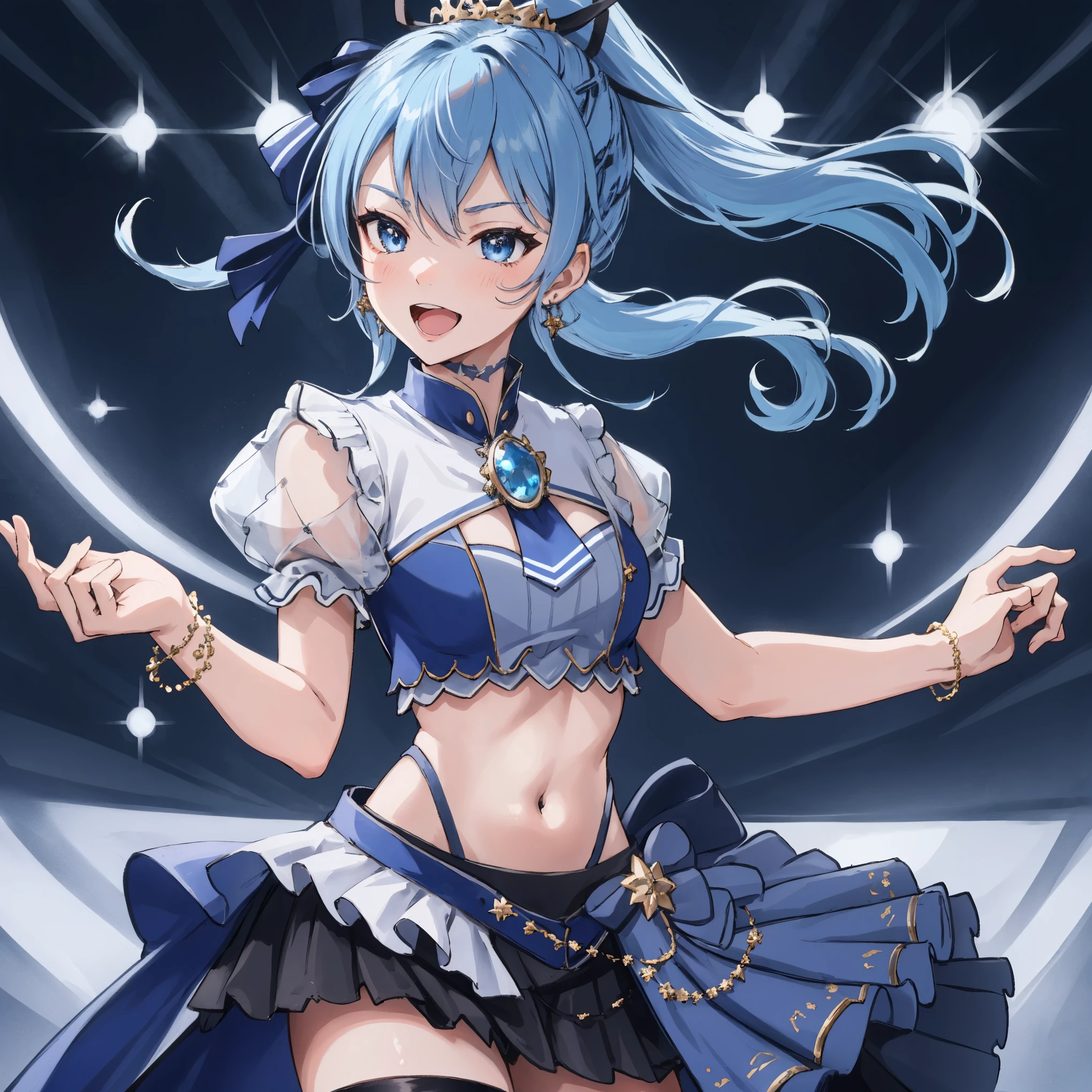 masterpiece, best quality, absurdres, 1girl, solo, Hoshimachi Suisei, light blue hair, blue eyes, happy, smile, parted lips, cowboy shot, sidelocks, ponytail, toned,
idol, idol clothes, hololive idol uniform, bowtie, blue skirt, brooch, dress, concert, on stage, frilled skirt, jewelry, layered dress, short sleeves, tiara, midriff, thighhighs(,shout:1.5),.(open_mouth:1.3),singing,(angry:0.6), (glare:0.6), idle_live,audience_landscape,light up_girl,solo,shiny_effects,smile。joy,happy,