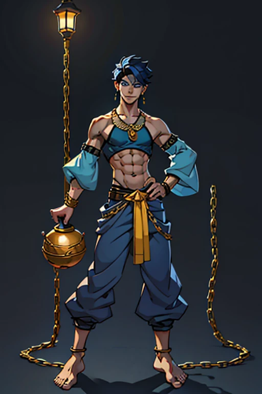 Full-body image, naughty man, lamp genie, four 17 year old arms, with 1,90 m tall and with a thin body. He has hair covering his bright black and blue eyes.. Your skin is pale and your smile is captivating and your dark circles, always displaying confidence and charisma, a black crop top with blue sleeves, with fabrics coming out from the bottom and gold jewelry, earrings, wristbands, rings, anklet and necklaces and chains , baggy pants with a blue gradient and barefoot, emo femboy style