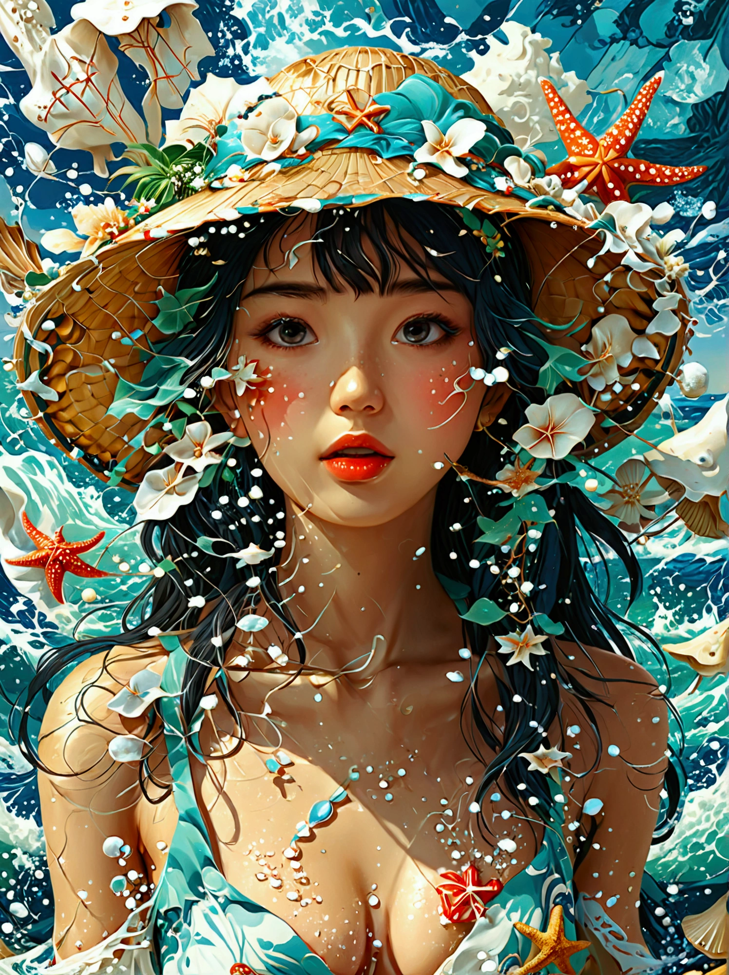 Illustration of a girl wearing a straw hat，Stunned，(The girl is depicted as large:1.4)，Japanese style，Waves splashing on the beach，starfish，White shells，Emerald blue sea background，Cumulonimbus fragments，best quality，Ultra-high resolution，Golden Ratio，Maximum coefficient，Cappadocia