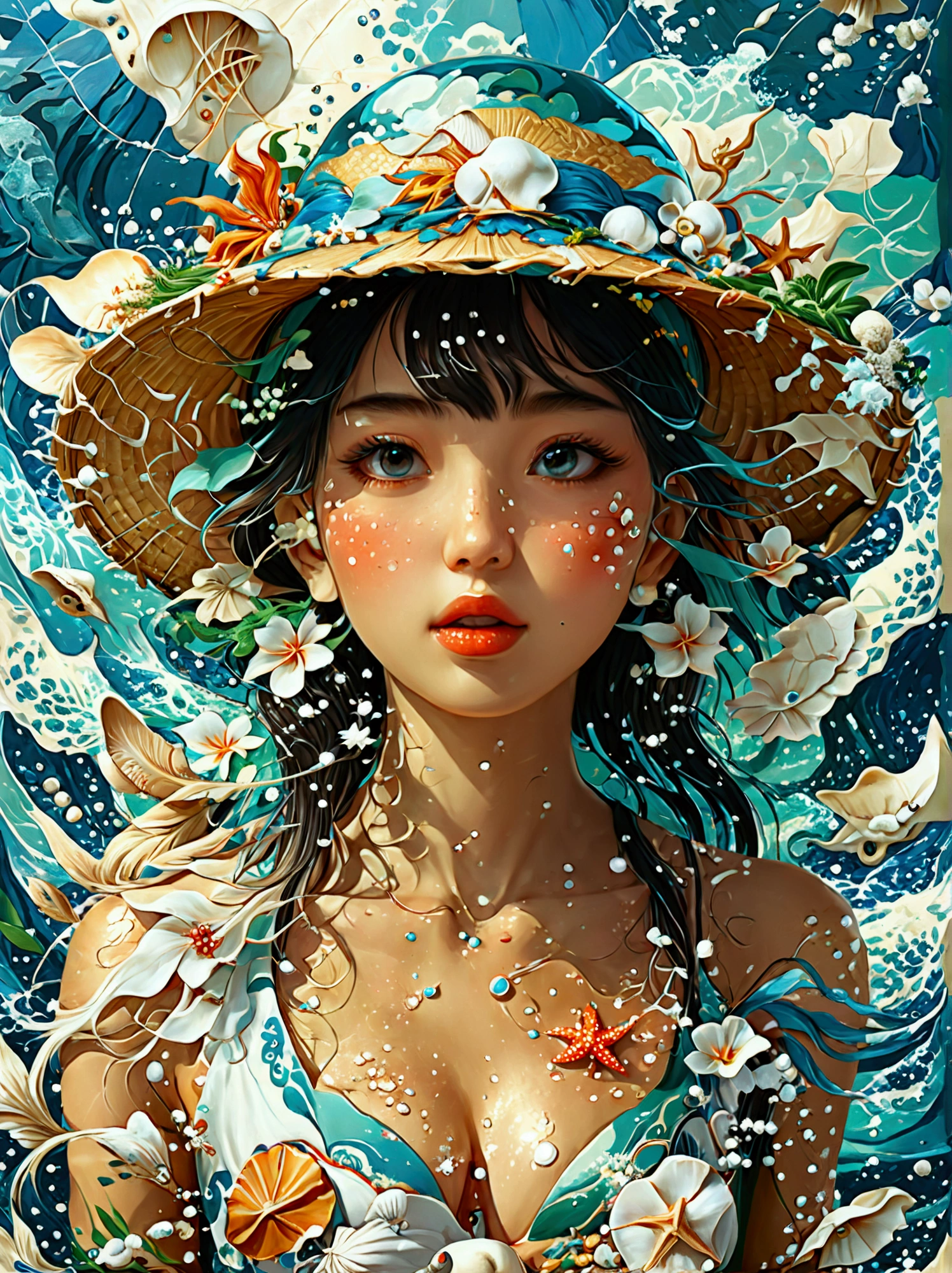 Illustration of a girl wearing a straw hat，Stunned，(The girl is depicted as large:1.4)，Japanese style，Waves splashing on the beach，starfish，White shells，Emerald blue sea background，Cumulonimbus fragments，best quality，Ultra-high resolution，Golden Ratio，Maximum coefficient，Cappadocia