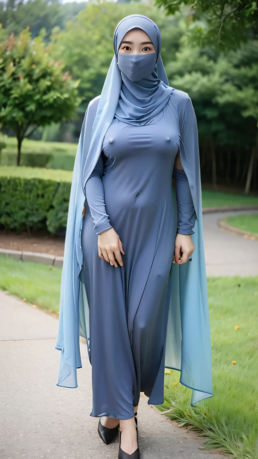 a beautiful young woman hijab, (((super big breast))), (very big breast covered), (Big breast), bare breast, perfect face, (((very huge big breast,))), ((( Big Breast))) long fitted dress chiffon, wide waist, (((covering mouth, long veil))), Slim Face、20 years old, stil young, Pretty Lady, grab her breast, thighs emphasis, smile eyes, stand up, (big breast covered) , see full body, batthroom, fat belly, leg emphasis