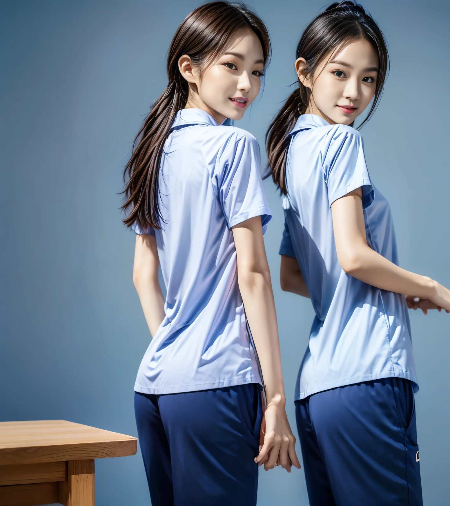 (best quality,10,10,height,Masterpiece:1.2),Special details,(realistic,ภาพrealistic,Realistic photos:1.37),1 Cute girl in the kitchen,shiny, ผิวshiny,only,smile softly,BDclothelue shirt:1.3)),short sleeve,shirt, กางเกงขาlong.,(navy_long_track pants:1.1), ((Kitchen Background)),Dynamic angle,excited,Face focus,dynamic poses,from behind,focus on ass,Masterpiece, best quality, ultra realistic, hyper detail, 8k resolution, raw photos, Sharp focus, ((Navy blue shirt:1.1)), short sleeve, เส้นทางlong, perfect body, 2 mature women, 18 years old, Cinema-grade lighting system,blue sweatpants,shirtผ้าออกกำลังกาย,correct anatomy,perfect body, correct body, Sharp face, correct bodyทางกายวิภาค, full body, realistic gestures, long-haired, realistic poses,Wear long shorts...........................,ช่วงขาlong,Good shape,carved girl, Slender figure, model, Good shape, beautiful body,blue sweatpants, two girls kissing
