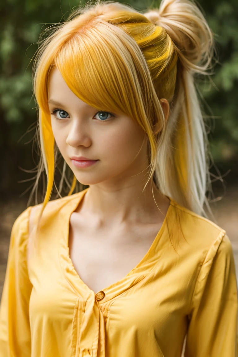 (((1girl))), ((((solo)))), ((messy hairstyle)), standing taking a picture, (((Reddish-yellow hair)), red eyes, soft blouse