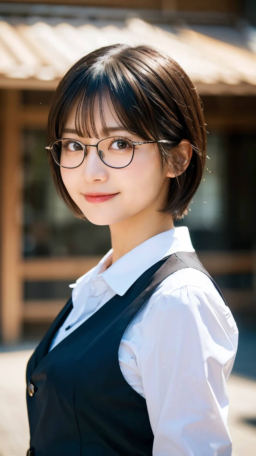 (Highest quality,masterpiece:1.3,Ultra-high resolution),(Very detailed,Caustics,8k),(Realistic:1.4,RAW shooting),A girl dressed as a butler,Japanese,boyish,smile,20-year-old,Short black hair,Glasses,Looking into the camera,Inside the Western-style building,Waist up shot,front,Face Focus,Face close-up,(Warm Light),Professional Writing