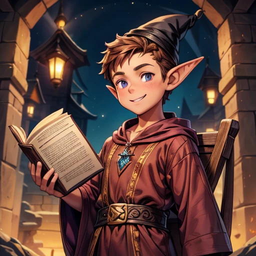 Alvyn is a short young male gnome with pointed ears., thick nose, messy brown hair, with a small chin. His gaze exudes curiosity and a material ambition that is reinforced by a small mischievous smile., He wears a purple tunic with gold embroidery, classic of the gnome wizards, On his head he is wearing a black pointed hat.. In his hand he holds a sturdy book with his magical knowledge., Gnomes don't take magic lightly..