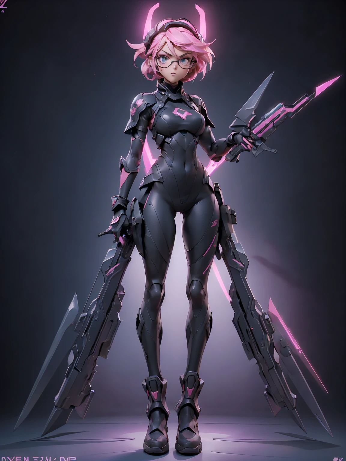 Design a layout showcase Gaming character, (1girl). Pink+Black clothes, futuristic and stylish, ((showcase weapon:1.4)), energy rifle, (masterpiece:1.2), (best quality), 4k, ultra-detailed, (Step by step design, layout art:1.5), (neon lighting, vibrant lighting), cyberpunk, ((visor glasses)), (((tech gloves:1.3))), body suit, combat boots, (((full_body_shot:1.4)))