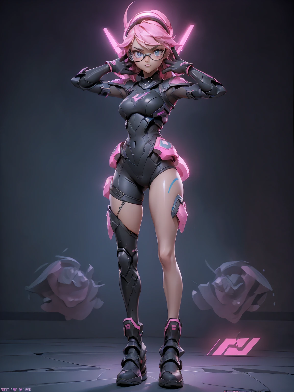 Design a layout showcase Gaming character, (1girl). Pink+Black clothes, futuristic and stylish, ((showcase weapon:1.4)), energy rifle, (masterpiece:1.2), (best quality), 4k, ultra-detailed, (Step by step design, layout art:1.5), (neon lighting, vibrant lighting), cyberpunk, ((visor glasses)), (((tech gloves:1.3))), body suit, combat boots, (((full_body_shot:1.4)))