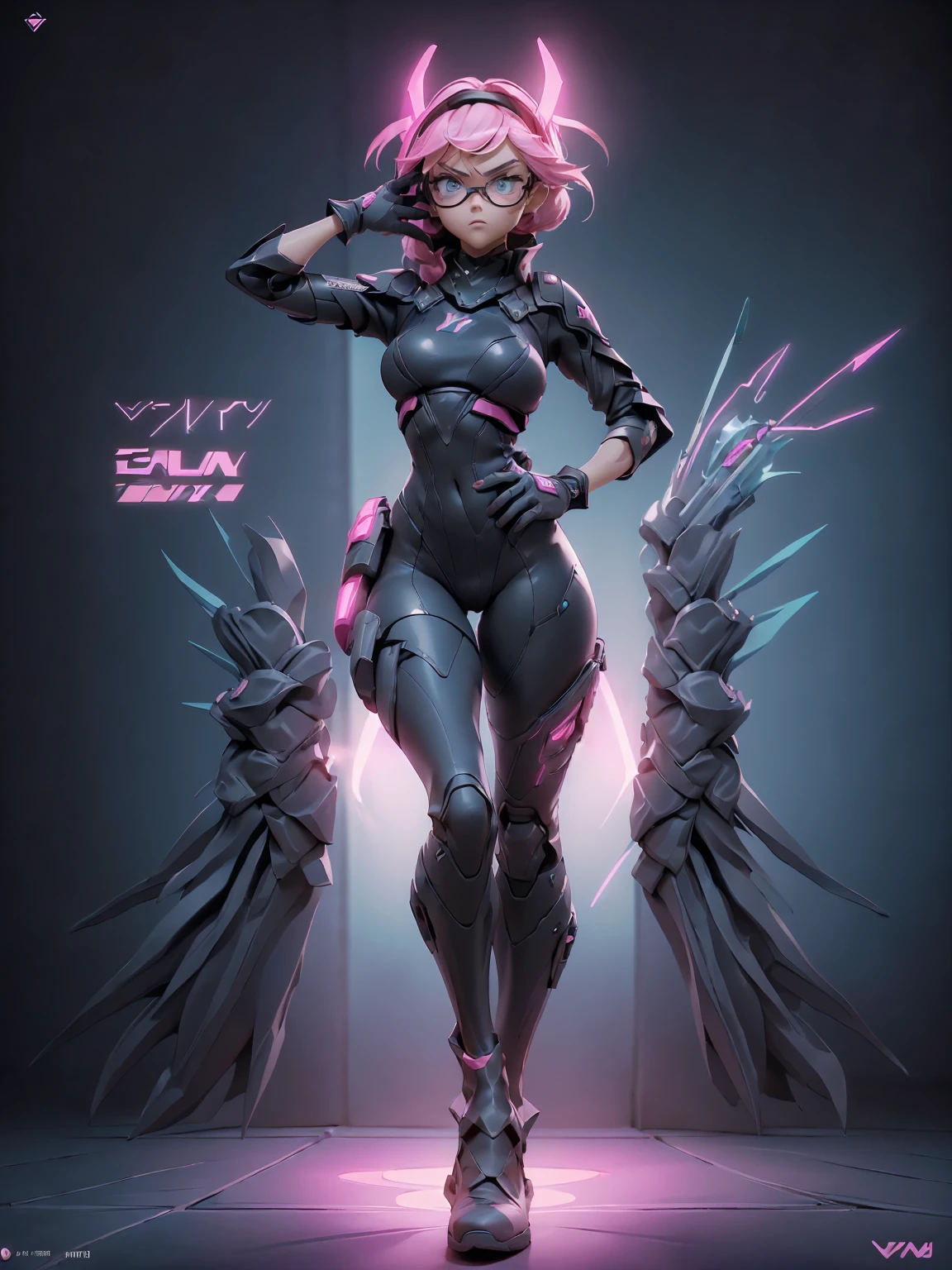 Design a layout showcase Gaming character, (1girl). Pink+Black clothes, futuristic and stylish, ((showcase weapon:1.4)), energy rifle, (masterpiece:1.2), (best quality), 4k, ultra-detailed, (Step by step design, layout art:1.5), (neon lighting, vibrant lighting), cyberpunk, ((visor glasses)), (((tech gloves:1.3))), body suit, combat boots, (((full_body_shot:1.4)))