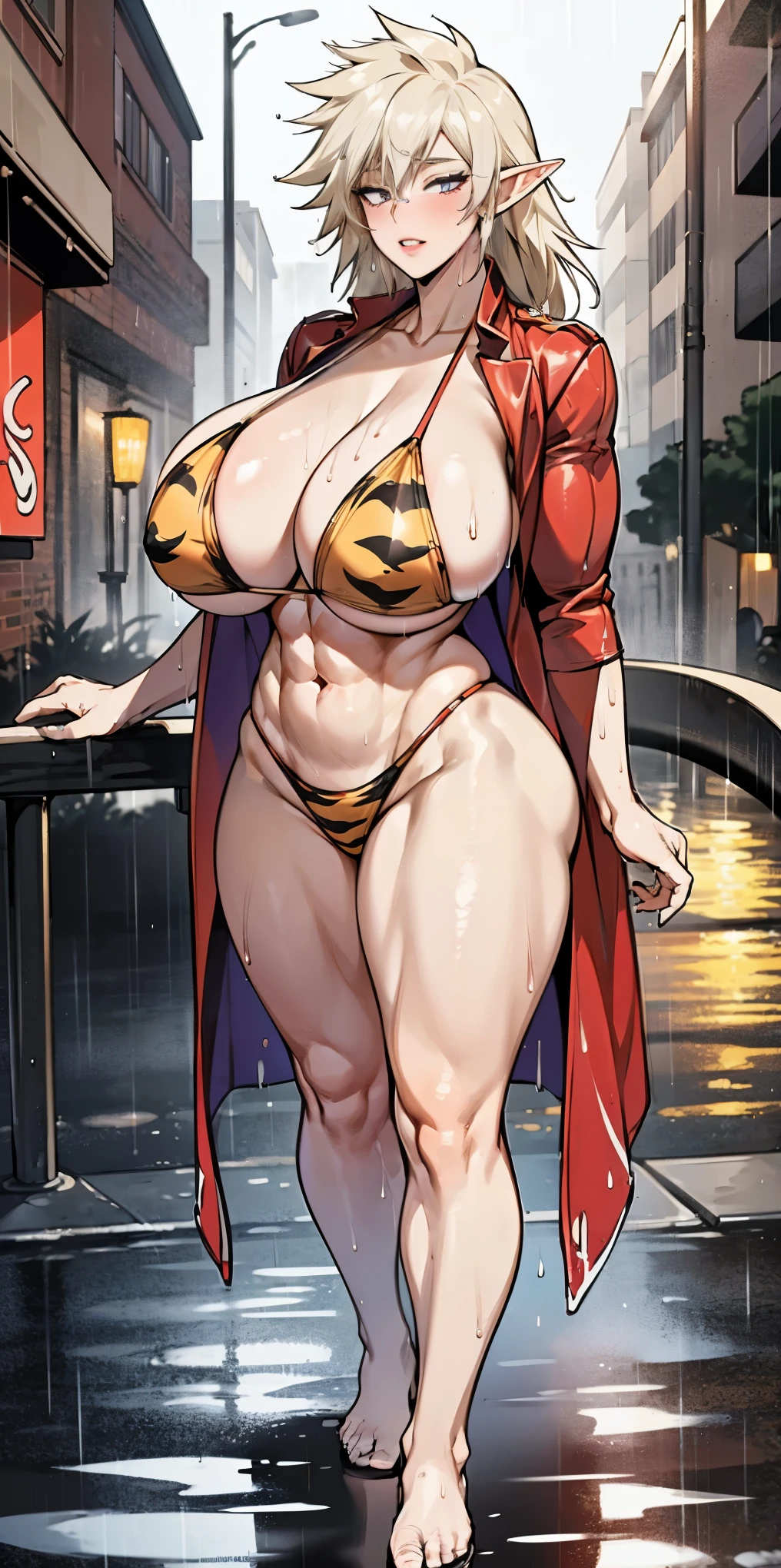 Full body, masterpiece, 1solofemale drow elf purple skin standing pose (yellow tiger bikini) red cape, red bikini, long white hair, strong body, abs, Ultra Quality, shiny skin, Atmospheric, 8K, Cinematic ((Street background)) BREAK, sunglasses (wet rainy, wet by rain, wet body :1.2) ultra-detailed face, detailed lips, detailed eyes, double eyelid, sensual low-necked dress, open neckline, hanging breasts, side pose, visible curves, pool, poolside, red transparent robe, sunglasses, muscular turned leg