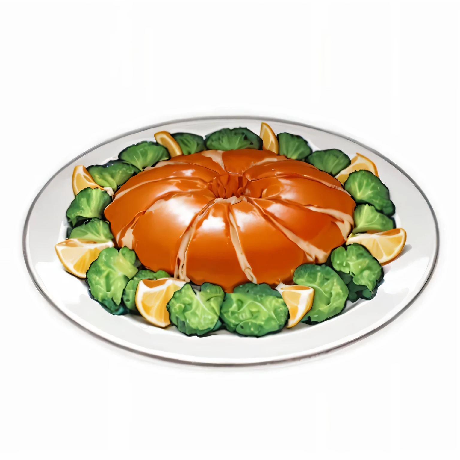 There's a plate of broccoli and a piece of pound cake on top., ASP, ASP on plate, Fantasy food, horrific sentient Patty, Patty, Big belly, Anime Food, serve on a plate, cooked, Game image, Offer a plate of food, surreal的食物图片, made in illustrator, ( surreal, Fruit Pie