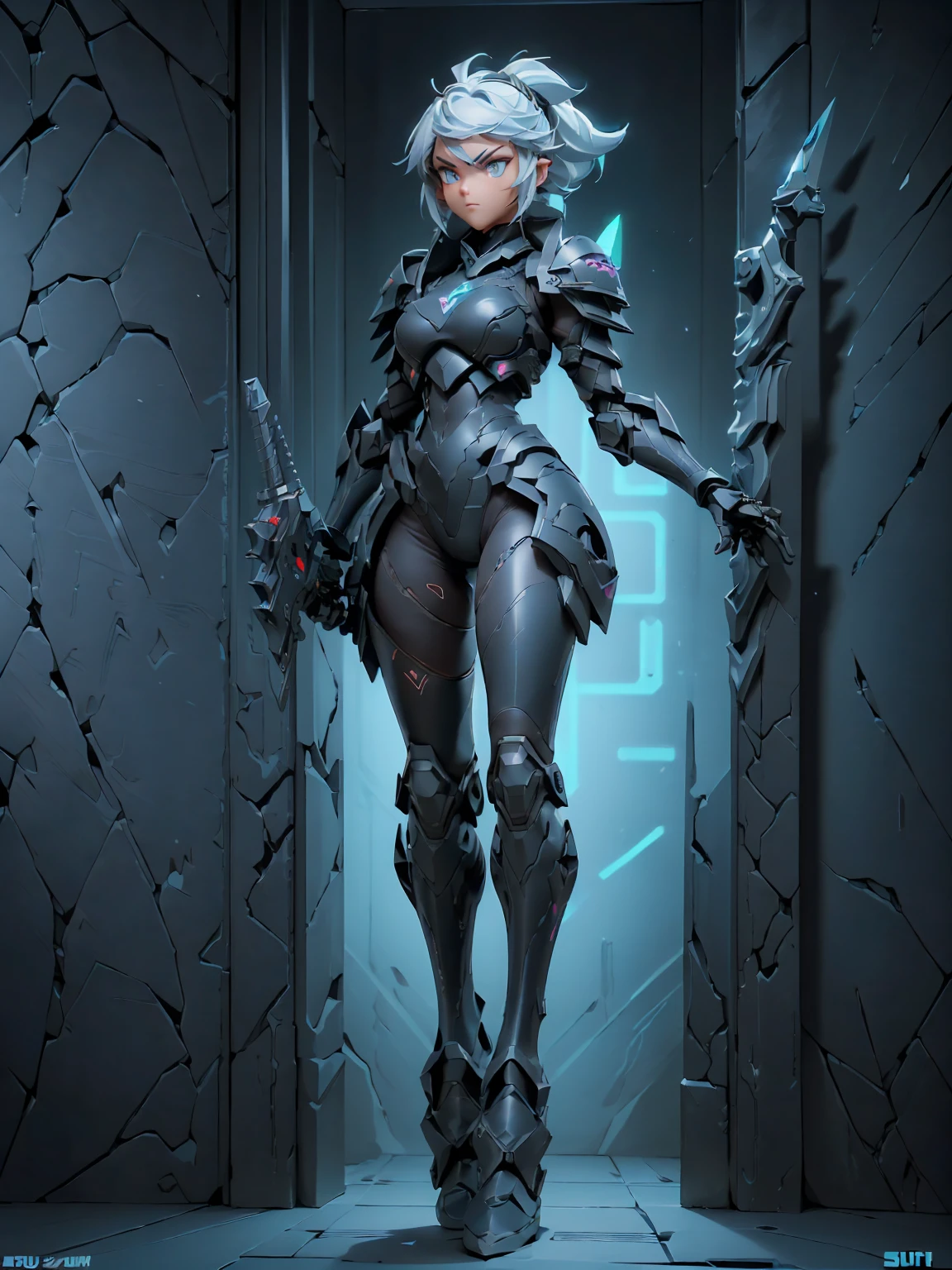 Design a layout showcase Gaming character, (1girl). Black+Silver armor, sleek and modern, ((showcase weapon:1.4)), laser gun, (masterpiece:1.2), (best quality), 4k, ultra-detailed, (Step by step design, layout art:1.5), (neon lighting, cyber ambiance), cyberpunk, ((tech gloves)), (((revealing armor suitt:1.3))), tech armor, combat boots, (((full_body_shot:1.4)))