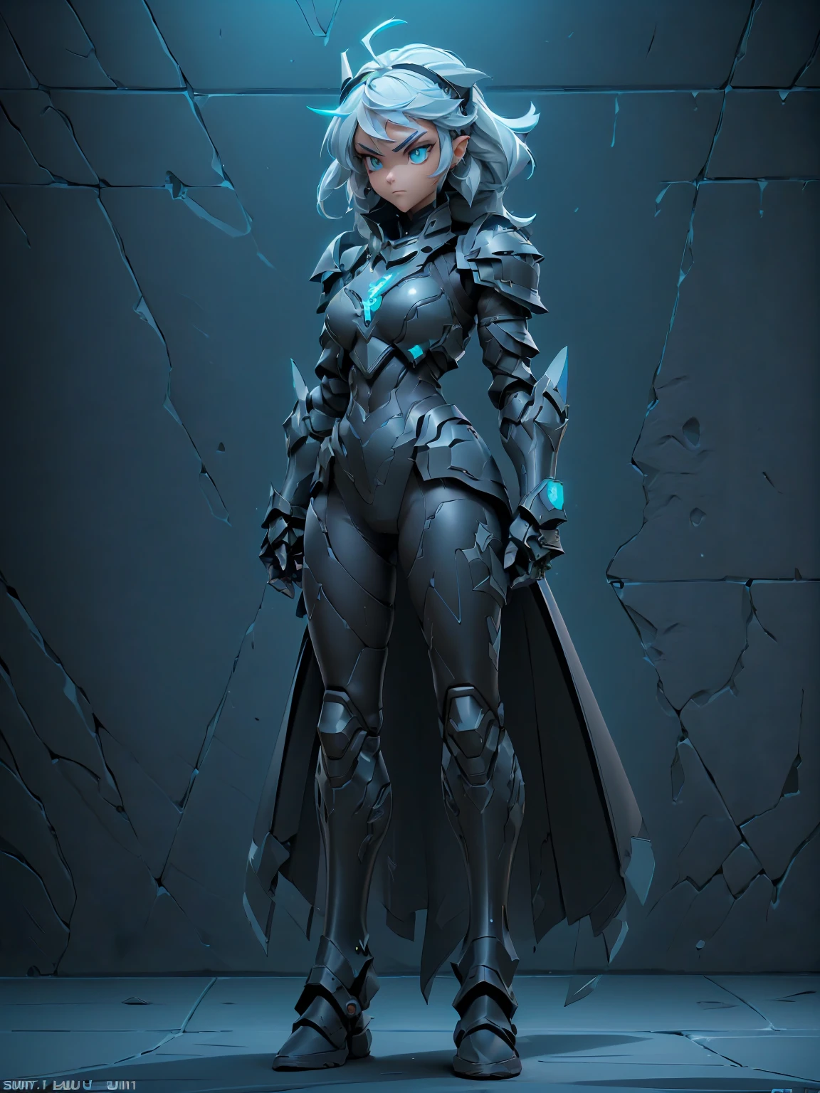 Design a layout showcase Gaming character, (1girl). Black+Silver armor, sleek and modern, ((showcase weapon:1.4)), laser gun, (masterpiece:1.2), (best quality), 4k, ultra-detailed, (Step by step design, layout art:1.5), (neon lighting, cyber ambiance), cyberpunk, ((tech gloves)), (((revealing armor suitt:1.3))), tech armor, combat boots, (((full_body_shot:1.4)))
