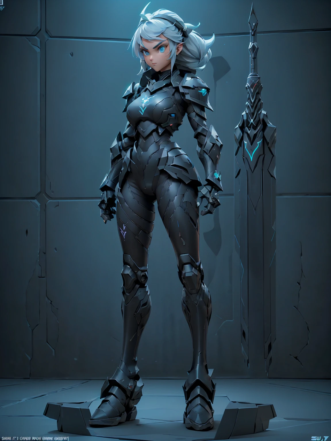 Design a layout showcase Gaming character, (1girl). Black+Silver armor, sleek and modern, ((showcase weapon:1.4)), laser gun, (masterpiece:1.2), (best quality), 4k, ultra-detailed, (Step by step design, layout art:1.5), (neon lighting, cyber ambiance), cyberpunk, ((tech gloves)), (((revealing armor suitt:1.3))), tech armor, combat boots, (((full_body_shot:1.4)))