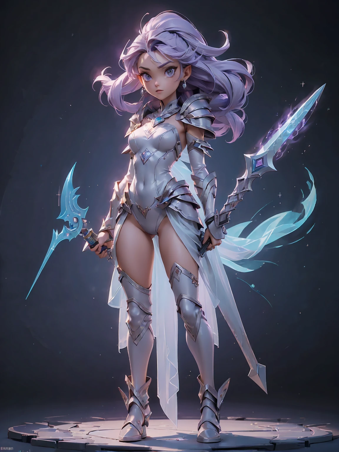 Design a layout showcase Gaming character, (1girl). Purple+Silver clothes, mystical and shimmering, ((showcase weapon:1.4)), enchanted mirror, (masterpiece:1.2), (best quality), 4k, ultra-detailed, (Step by step design, layout art:1.5), (glowing lighting, mysterious setting), enchantress, ((glimmering gloves)), (((revealing outfit:1.3))), enchanted vambraces, glittering boots, (((full_body_shot:1.4)))