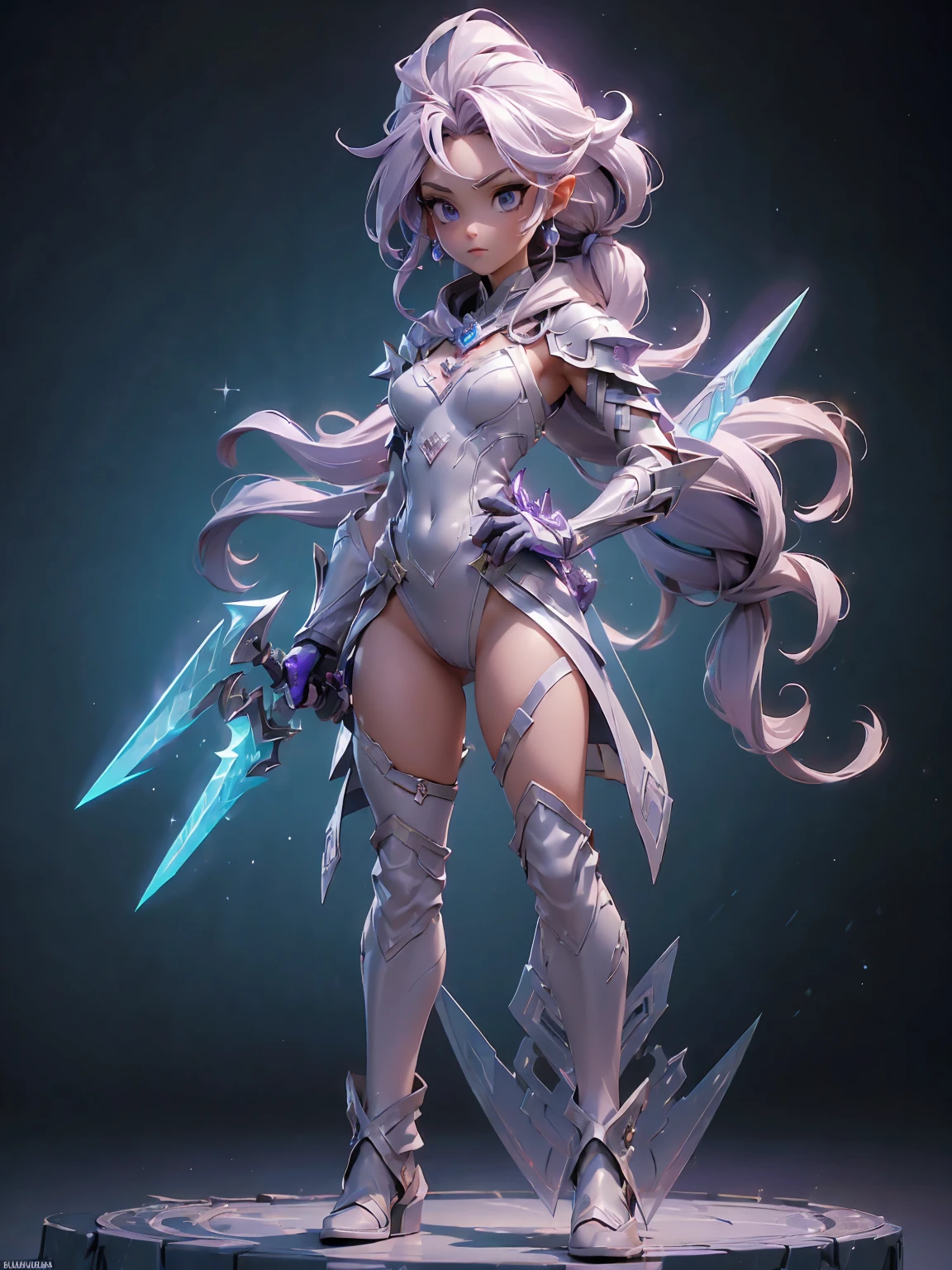 Design a layout showcase Gaming character, (1girl). Purple+Silver clothes, mystical and shimmering, ((showcase weapon:1.4)), enchanted mirror, (masterpiece:1.2), (best quality), 4k, ultra-detailed, (Step by step design, layout art:1.5), (glowing lighting, mysterious setting), enchantress, ((glimmering gloves)), (((revealing outfit:1.3))), enchanted vambraces, glittering boots, (((full_body_shot:1.4)))
