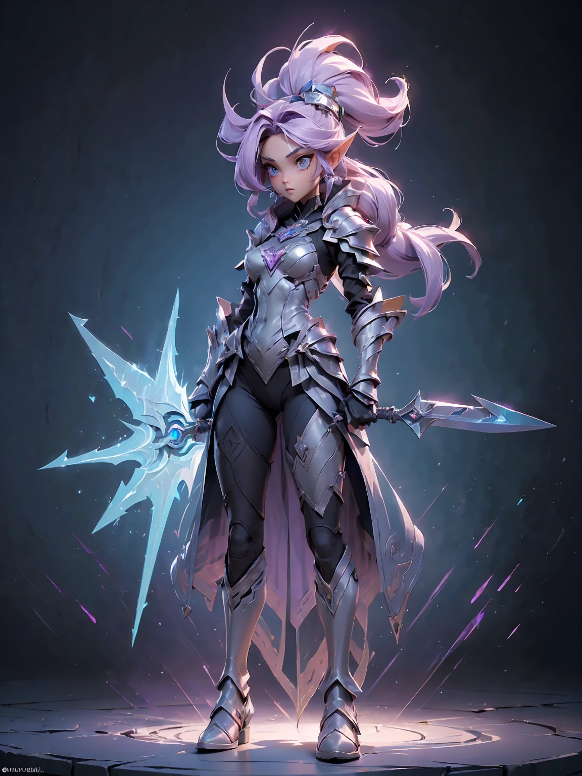 Design a layout showcase Gaming character, (1girl). Purple+Silver clothes, mystical and shimmering, ((showcase weapon:1.4)), enchanted mirror, (masterpiece:1.2), (best quality), 4k, ultra-detailed, (Step by step design, layout art:1.5), (glowing lighting, mysterious setting), enchantress, ((glimmering gloves)), (((revealing outfit:1.3))), enchanted vambraces, glittering boots, (((full_body_shot:1.4)))