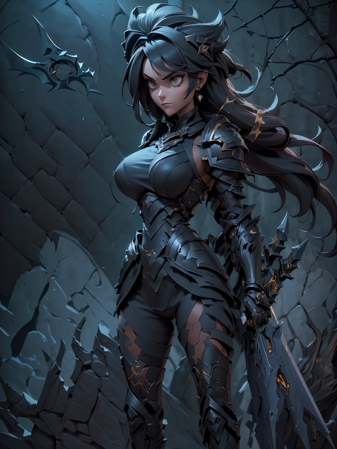 Design a layout showcase Gaming character, (1girl). Black+Gold clothes, opulent and dark, ((showcase weapon:1.4)), cursed blade, (masterpiece:1.2), (best quality), 4k, ultra-detailed, (Step by step design, layout art:1.5), (gloomy lighting, cursed atmosphere), dark knight, ((cursed gloves)), (((revealing armor:1.3))), dark vambraces, cursed boots, (((full_body_shot:1.4)))