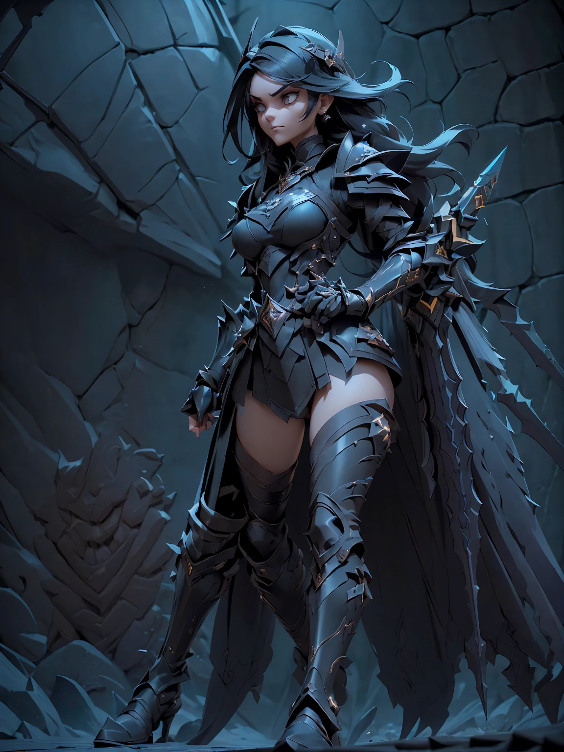 Design a layout showcase Gaming character, (1girl). Black+Gold clothes, opulent and dark, ((showcase weapon:1.4)), cursed blade, (masterpiece:1.2), (best quality), 4k, ultra-detailed, (Step by step design, layout art:1.5), (gloomy lighting, cursed atmosphere), dark knight, ((cursed gloves)), (((revealing armor:1.3))), dark vambraces, cursed boots, (((full_body_shot:1.4)))