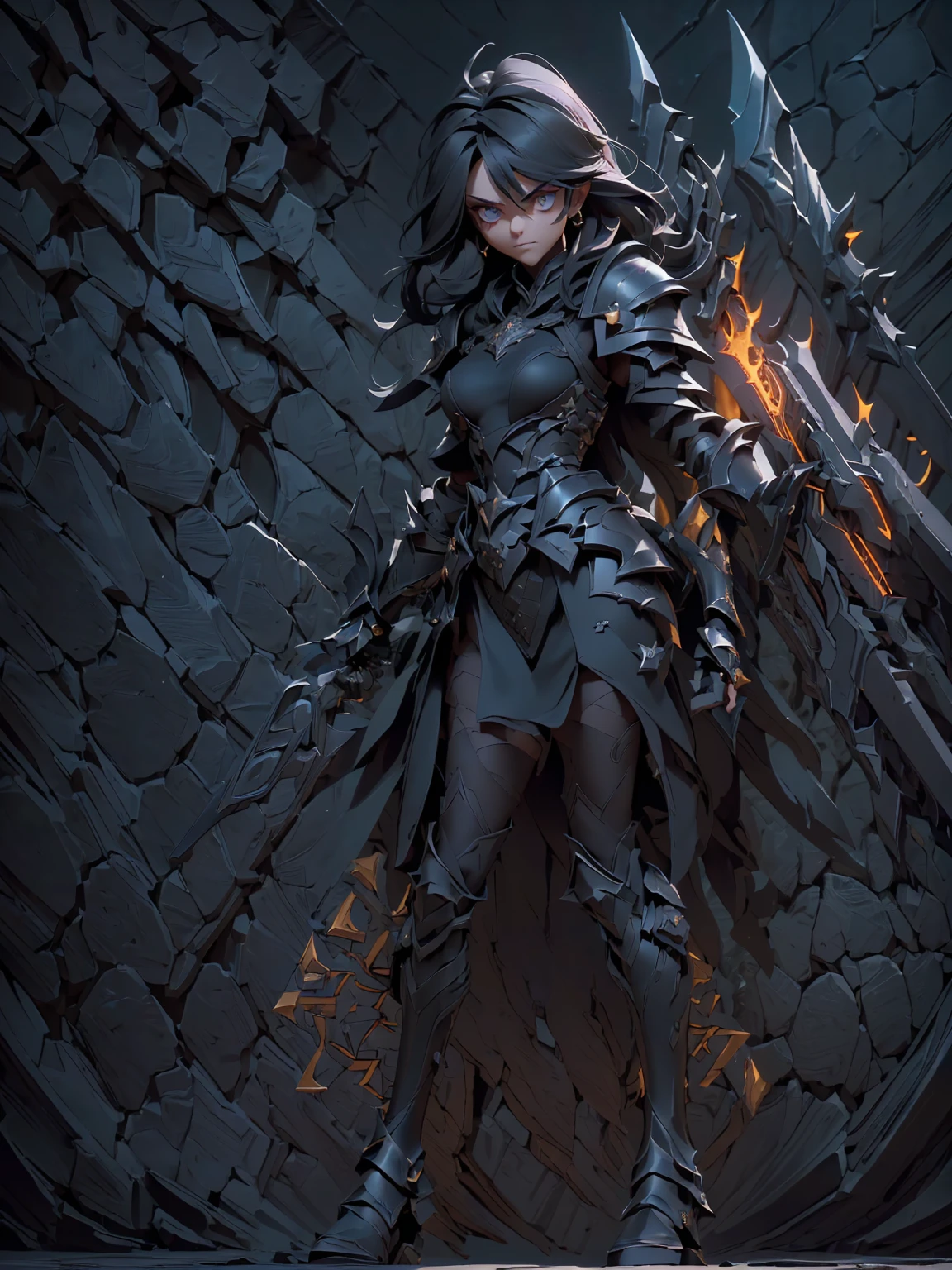 Design a layout showcase Gaming character, (1girl). Black+Gold clothes, opulent and dark, ((showcase weapon:1.4)), cursed blade, (masterpiece:1.2), (best quality), 4k, ultra-detailed, (Step by step design, layout art:1.5), (gloomy lighting, cursed atmosphere), dark knight, ((cursed gloves)), (((revealing armor:1.3))), dark vambraces, cursed boots, (((full_body_shot:1.4)))