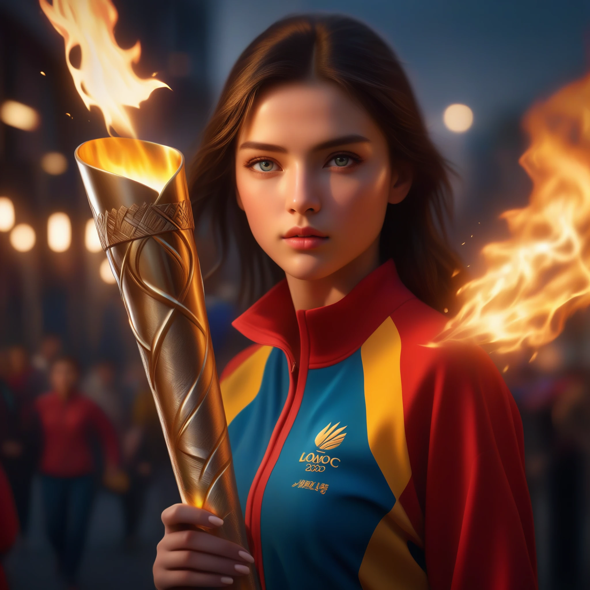 1girl carrying Olympic torch,detailed face,highly detailed eyes,hyper realistic skin,beautiful detailed facial features,intricate details,beautiful detailed clothes,dramatic lighting,dramatic pose,dynamic action,cinematic composition,photorealistic,8k, award winning photograph, masterpiece, ultra detailed, vibrant colors, cinematic lighting, epic scale