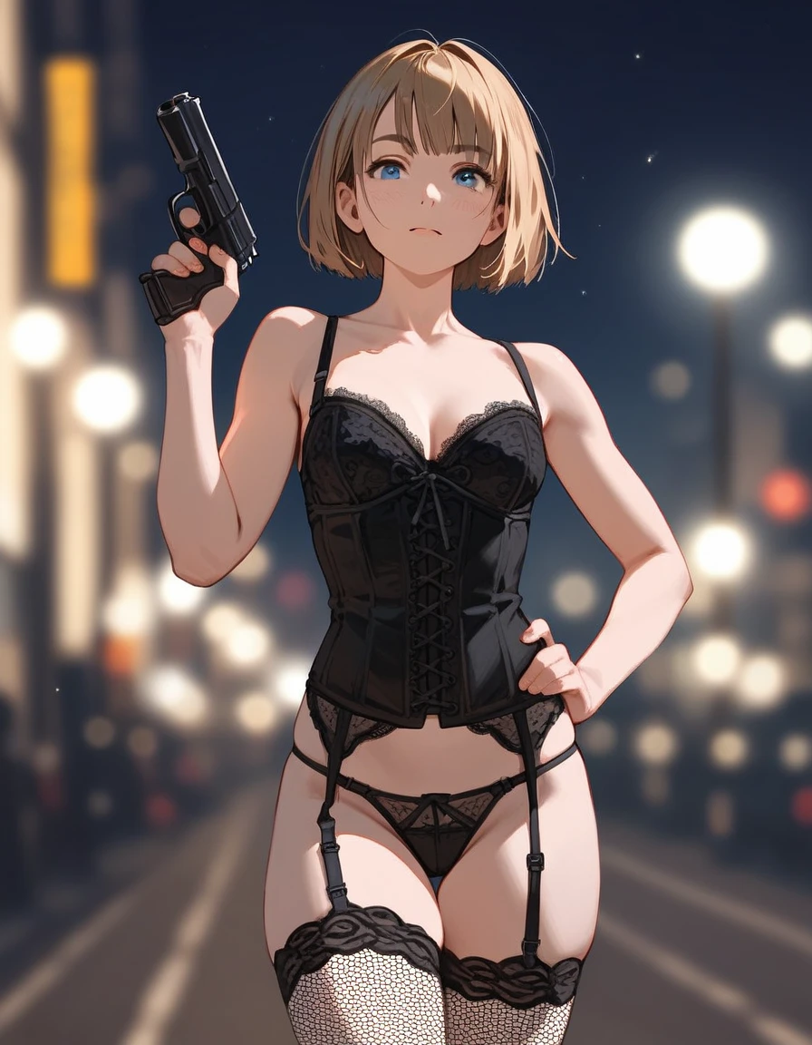 Digital illustration featuring a woman Ashley Graham with short, dark brown hair styled in a bob cut. She has fair skin and is wearing a blue and black lace corset with matching lingerie, including garter belts and fishnet stockings. She is holding a black handgun in her right hand, with her left hand resting on her hip. The background is a dark, urban night scene with blurred lights and structures, adding a sense of depth and atmosphere to the image. The overall style is highly detailed and realistic, with a focus on the character's confident and poised demeanor.anime style, anatomically correct, super detail, high quality, 4K