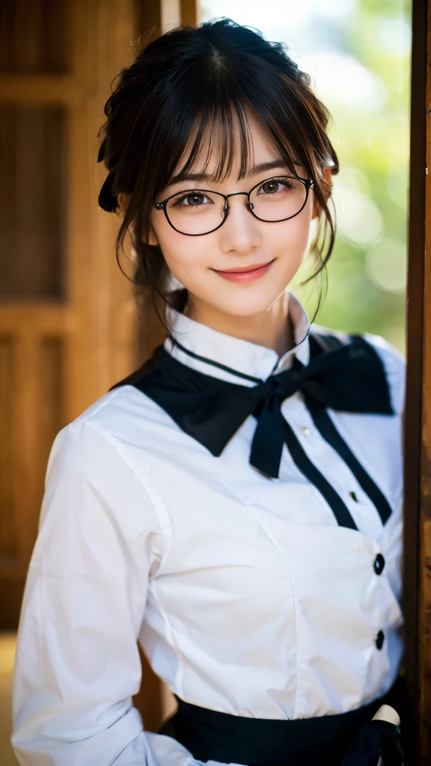 (Highest quality,masterpiece:1.3,Ultra-high resolution),(Very detailed,Caustics,8k),(Realistic:1.4,RAW shooting),A girl dressed as a butler,Japanese,boyish,smile,20-year-old,Short black hair,Glasses,Looking into the camera,Inside the Western-style building,Waist up shot,front,Face Focus,Face close-up,(Warm Light),Professional Writing