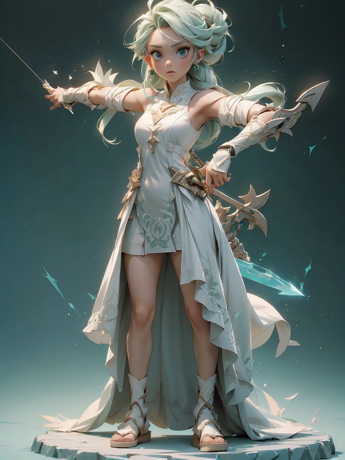 Design a layout showcase Gaming character, (1girl). White+Green clothes, nature-inspired and ethereal, ((showcase weapon:1.4)), bow and arrows, (masterpiece:1.2), (best quality), 4k, ultra-detailed, (Step by step design, layout art:1.5), (sunlit lighting, natural ambiance), archer, ((fingerless gloves)), (((revealing dress:1.3))), leaf armor, sandals, (((full_body_shot:1.4)))