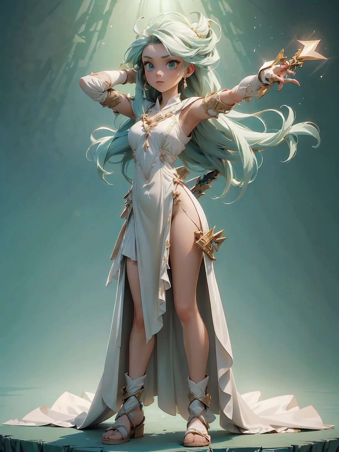 Design a layout showcase Gaming character, (1girl). White+Green clothes, nature-inspired and ethereal, ((showcase weapon:1.4)), bow and arrows, (masterpiece:1.2), (best quality), 4k, ultra-detailed, (Step by step design, layout art:1.5), (sunlit lighting, natural ambiance), archer, ((fingerless gloves)), (((revealing dress:1.3))), leaf armor, sandals, (((full_body_shot:1.4)))

