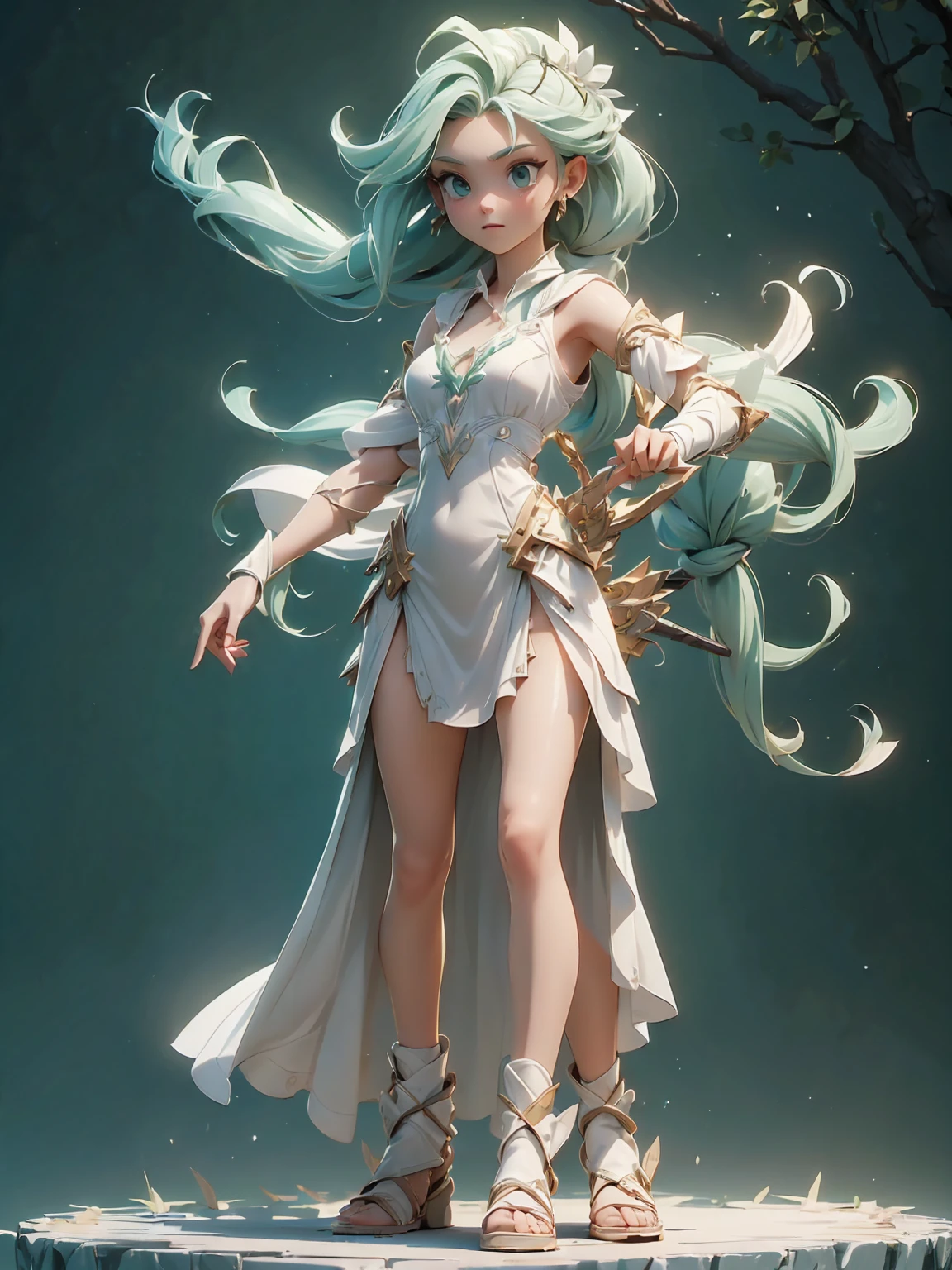 Design a layout showcase Gaming character, (1girl). White+Green clothes, nature-inspired and ethereal, ((showcase weapon:1.4)), bow and arrows, (masterpiece:1.2), (best quality), 4k, ultra-detailed, (Step by step design, layout art:1.5), (sunlit lighting, natural ambiance), archer, ((fingerless gloves)), (((revealing dress:1.3))), leaf armor, sandals, (((full_body_shot:1.4)))