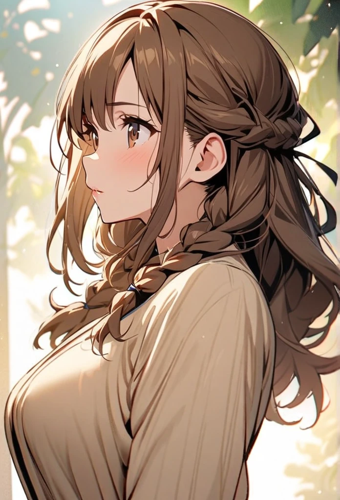 Solo, 1girl, Long Hair,  double plait hair, brown hair, brown eyes, cute, mature, high detail, side view