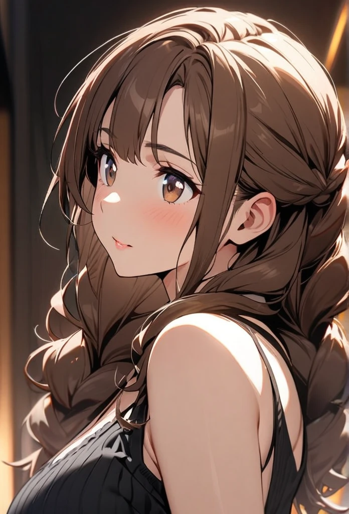 Solo, 1girl, Long Hair,  double plait hair, brown hair, brown eyes, cute, mature, high detail, side view