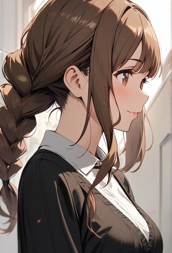 Solo, 1girl, Long Hair, double plait hair, brown hair, brown eyes, cute, mature, high detail, side view