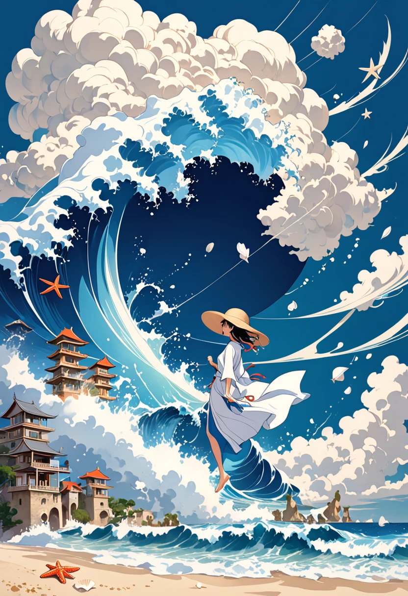 Illustration of a girl wearing a straw hat,Stunned,(The girl is depicted as large:1.4),Japanese style,Waves splashing on the beach,starfish,White shells,Emerald blue sea background,Cumulonimbus fragments,best quality,Ultra-high resolution,Golden Ratio,Maximum coefficient,Cappadocia
