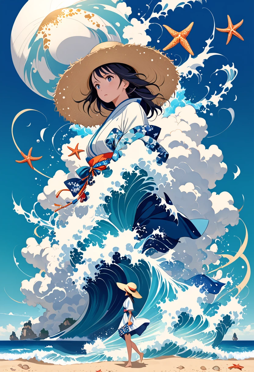 Illustration of a girl wearing a straw hat,Stunned,(The girl is depicted as large:1.4),Japanese style,Waves splashing on the beach,starfish,White shells,Emerald blue sea background,Cumulonimbus fragments,best quality,Ultra-high resolution,Golden Ratio,Maximum coefficient,Cappadocia