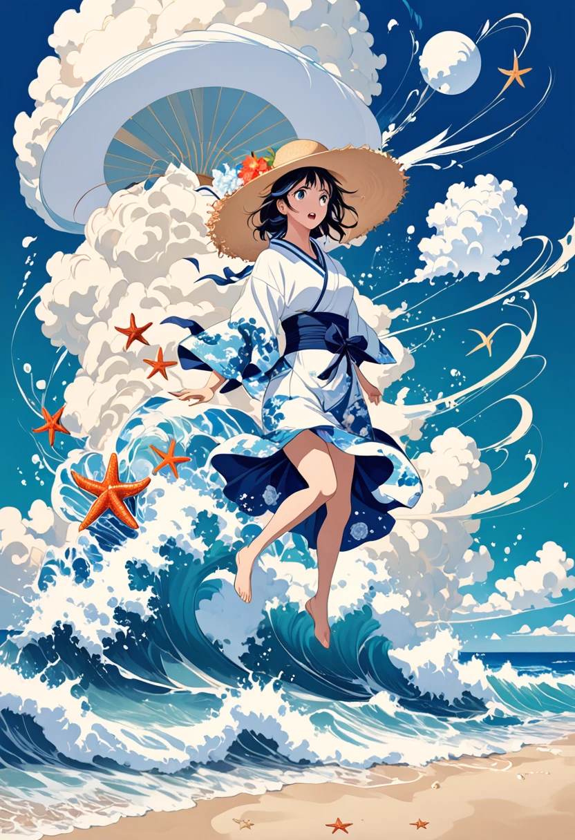 Illustration of a girl wearing a straw hat，Stunned，(The girl is depicted as large:1.4)，Japanese style，Waves splashing on the beach，starfish，White shells，Emerald blue sea background，Cumulonimbus fragments，best quality，Ultra-high resolution，Golden Ratio，Maximum coefficient，Cappadocia