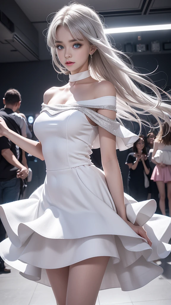 double whirlwind pattern design garment,Iris heterochromatic pupil,silver-haired girl,free high resolution,off shoulders、Off-the-shoulder semi-transparent pure white dress