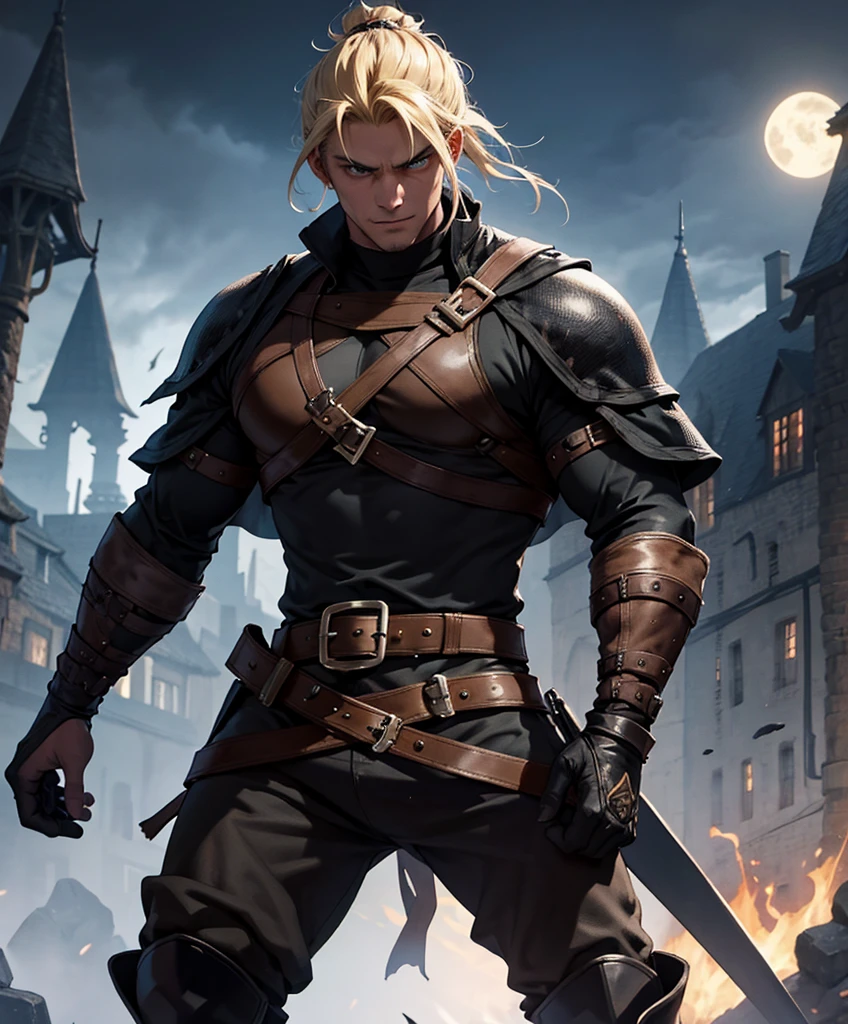 (((Solo focus.  1boy.  Single character image.)))  Generate a muscle stud fantasy character.  Generate a muscle hunk fantasy character, dressed all in black.  (((Medieval-style tropical town at night.))) (((Luxurious blond hair in a topknot.)))  (((Looks like Adonis.))) (((Appears to be 20 years old with youthful looks.))) (((Dark and sinister background at night.))) (((Alpha male))) (((Solo character image.))) (((Generate a single character image.)))  Dark fantasy art, (((Dark, night time background.))) (((Strong elements of dark medieval fantasy.))) (((Handsome and athletic.))) (((This is an urban explorer in a dark fantasy realm.))) Night background. Dark. Eerie. Dark fantasy art, long  hair in a masculine style, Scoundrel. Vagabond. Miscreant.   Knave. This is an urban explorer in a dark fantasy realm. Looks mysterious, wearing a black shirt, black pants and black boots. Looks like a sneaky rogue in medieval fantasy urban setting. Looks like a shady rogue in a medieval fantasy setting. Looks like a medieval fantasy male character. Looks like a male rogue for Dungeons & Dragons in a medieval fantasy setting. Wears lots of black clothing. Looks like a handsome criminal for a medieval fantasy setting. Looks shifty. Looks suspicious. Looks untrustworthy. wearing black leather medieval clothing, sneaky, rogue, muscular, gorgeous face, fantasy artwork, fantasy attire, fantasy adventurer, masterpiece:1.3,madly detailed photo:1.2, hyper-realistic lifelike texture:1.4, picture-perfect:1.0,8k