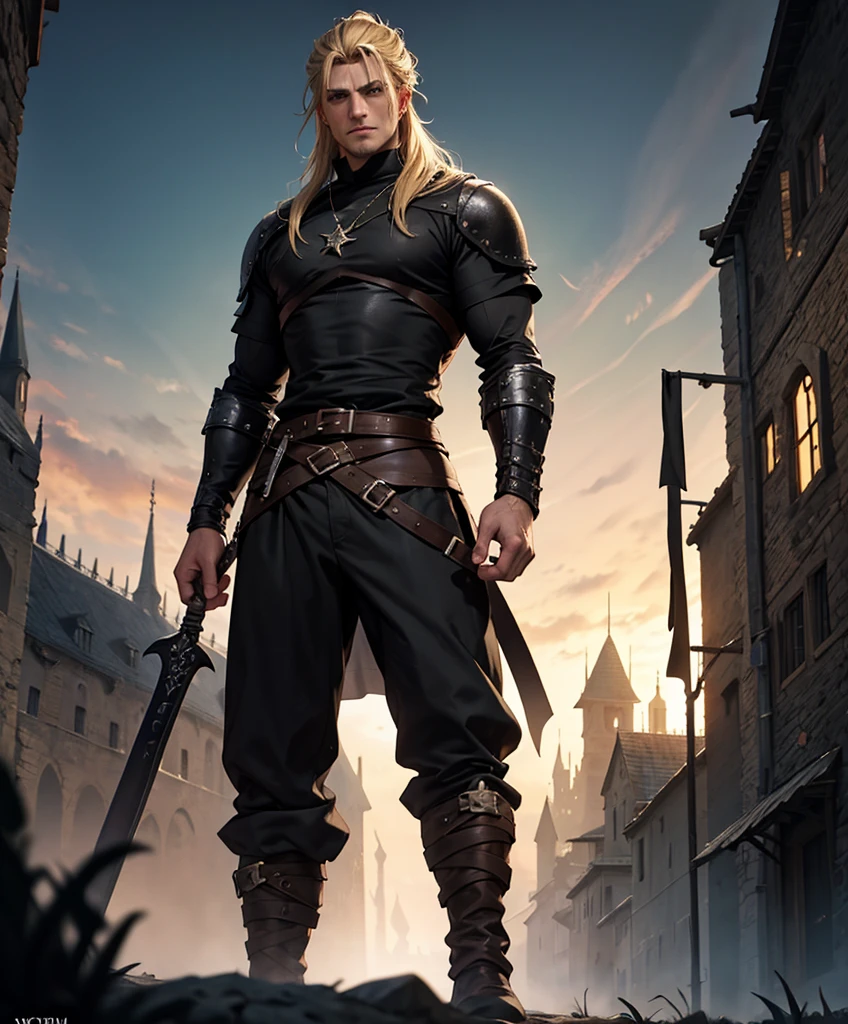 (((Solo focus.  1boy.  Single character image.)))  Generate a muscle stud fantasy character.  Generate a muscle hunk fantasy character, dressed all in black.  (((Medieval-style tropical town at night.))) (((Luxurious blond hair in a topknot.)))  (((Looks like Adonis.))) (((Appears to be 20 years old with youthful looks.))) (((Dark and sinister background at night.))) (((Alpha male))) (((Solo character image.))) (((Generate a single character image.)))  Dark fantasy art, (((Dark, night time background.))) (((Strong elements of dark medieval fantasy.))) (((Handsome and athletic.))) (((This is an urban explorer in a dark fantasy realm.))) Night background. Dark. Eerie. Dark fantasy art, long  hair in a masculine style, Scoundrel. Vagabond. Miscreant.   Knave. This is an urban explorer in a dark fantasy realm. Looks mysterious, wearing a black shirt, black pants and black boots. Looks like a sneaky rogue in medieval fantasy urban setting. Looks like a shady rogue in a medieval fantasy setting. Looks like a medieval fantasy male character. Looks like a male rogue for Dungeons & Dragons in a medieval fantasy setting. Wears lots of black clothing. Looks like a handsome criminal for a medieval fantasy setting. Looks shifty. Looks suspicious. Looks untrustworthy. wearing black leather medieval clothing, sneaky, rogue, muscular, gorgeous face, fantasy artwork, fantasy attire, fantasy adventurer, masterpiece:1.3,madly detailed photo:1.2, hyper-realistic lifelike texture:1.4, picture-perfect:1.0,8k