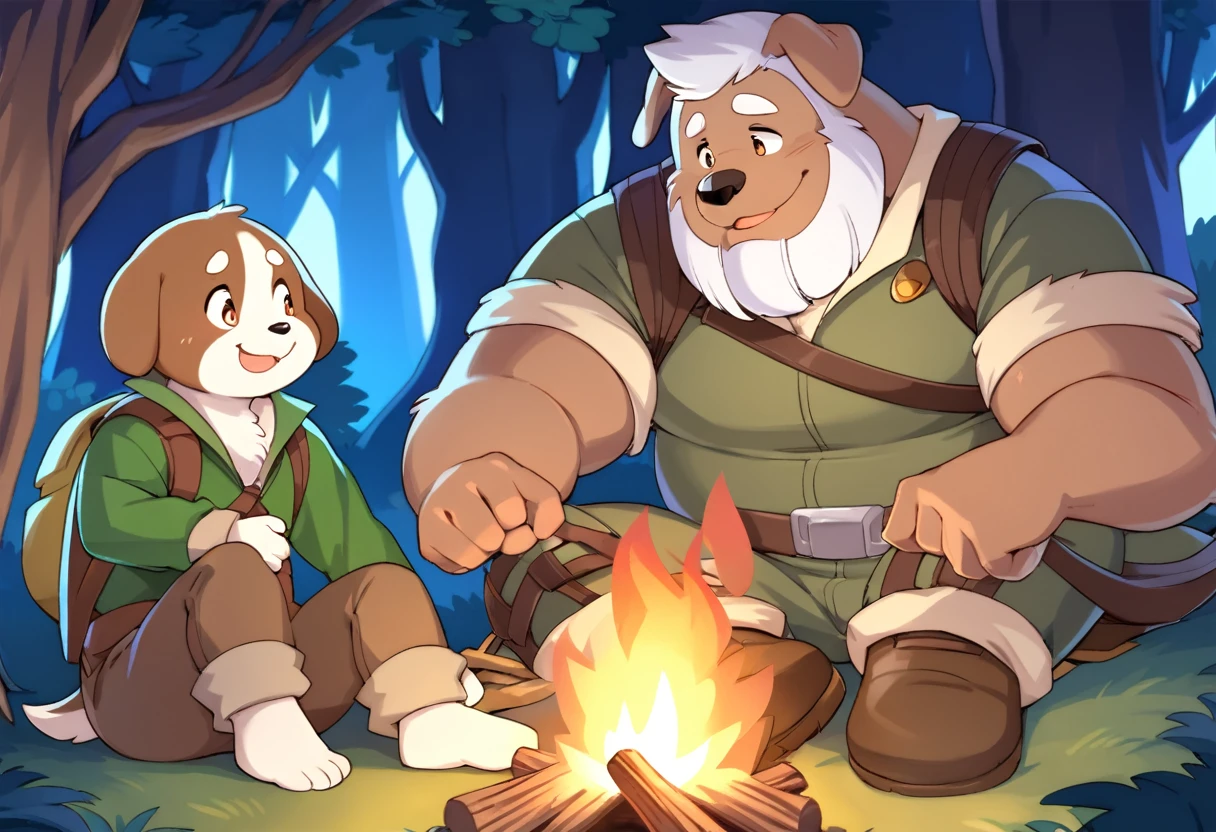 anthro, kemono, male, duo, ((round face, very plump face, thick beard)), ((endomorph body type, old-aged)), ((adventure costume:1.5)), ((domestic dog, dog) fluffy fur, fluffy), (at magical forest), (campfire with his grandson), (tent near them), (dynamic pose), (particle lighting:0.4), (high quality, highres, masterpiece), (dynamic lighting, vivid color), (happy, lift-eyebrow), memorable wholesome scene, close up, cartoon, sitting on the ground, chilling with his grandson, (campfire on the center)