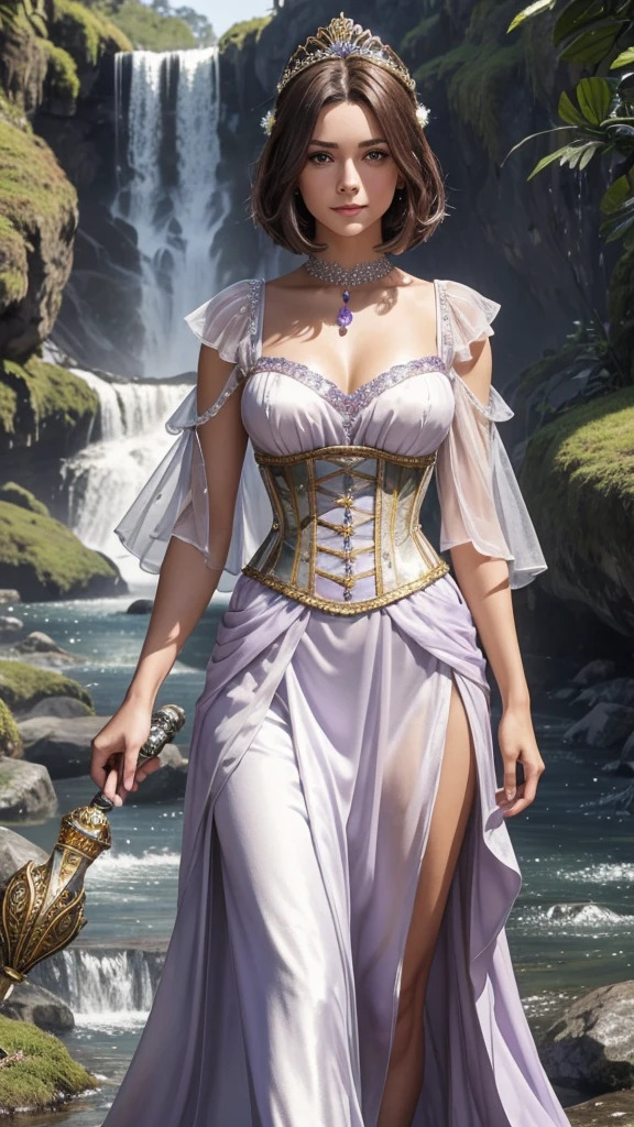 In the foreground a Caucasian woman with a light tan, purple eyes, brown hair in a chest-length bob, with a slight smile walking and looking ahead with a soft expression. A silver diadem on the head, a white dress with gold trim and a silver corset at the waist, holding a white staff with a purple gem at the tip decorated with flowers. In the background a waterfall with vegetation and small colorful birds.