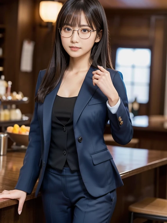 ((whole body:1.4, Highest quality)), (Realistic photos:1.4), ((1 girl)), Shiny black hair, bangs, (Straight hair :1.5), (超High resolution:1.2), Very delicate and beautiful, wonderful, Very detailedな CG Unity 8K 壁紙, Very detailed, High resolution, Soft Light, Japanese,alone, (26 years old:1.4), Famous Japanese actresses, ((Round face:1.4)), Beautiful detailed girl, Very detailed目と顔, Beautiful and sophisticated nose, Beautiful and beautiful eyes, (Dark blue business suit, Tapered trousers:1.4), Cinema Lighting, Perfect Anatomy, (Fat:0.8), length, Thin legs, Was nervous, , Cool look, Wear glasses, topless, Nipples are visible、Sit at the bar counter
