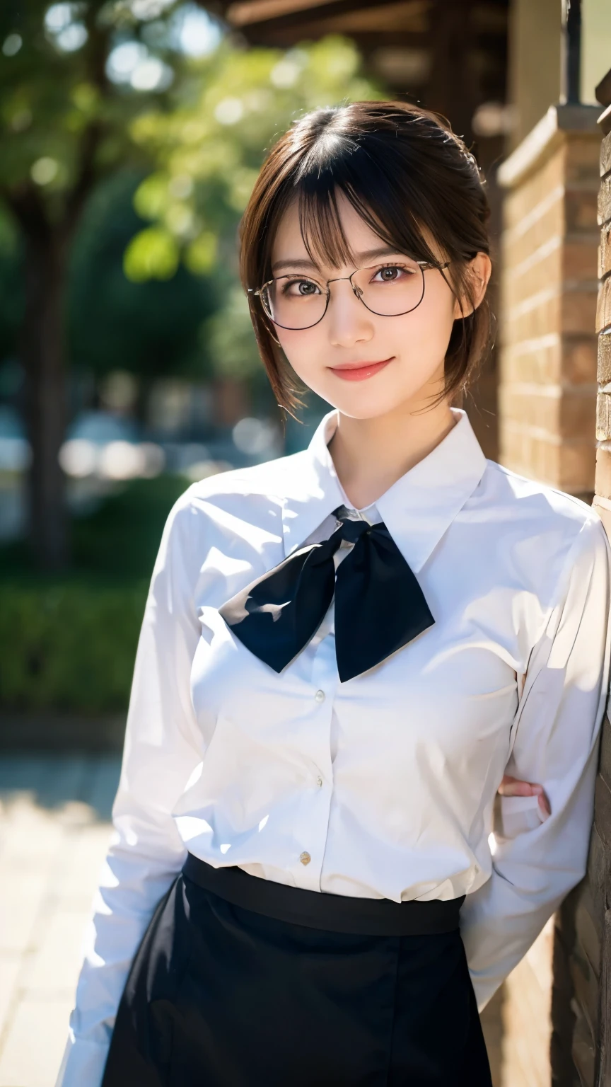 Best image quality, Focus, Soft light, Black hair, (Japanese)), (((Front, 15years old))), (Depth of field), Ultra high resolution, (Real: 1.4), RAW photo, ((school uniform, collared shirts, white shirts, short sleeve, tie, short skirt)), smiling face