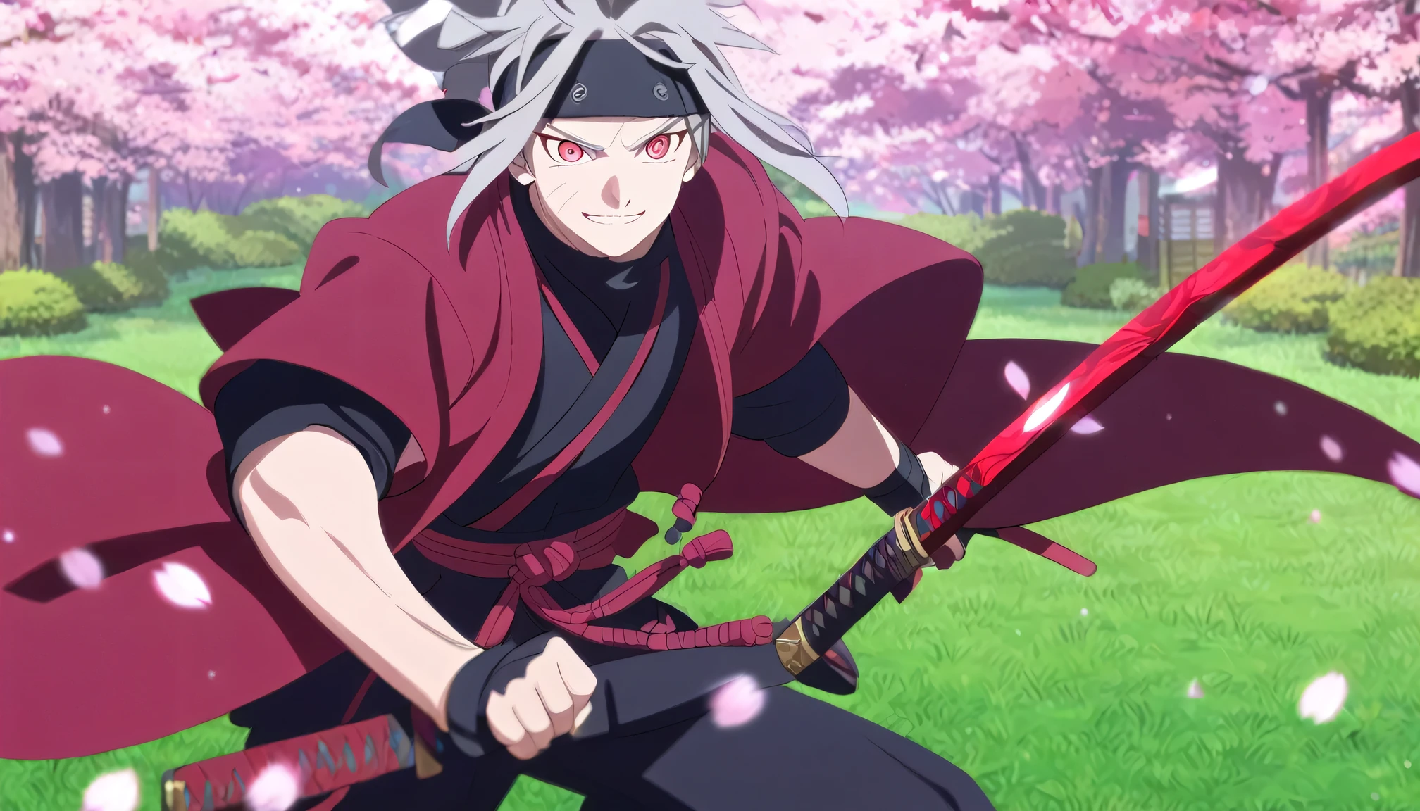 Anime Styles, Naruto Shippuden style, samurai styles, Red Samurai Outfit, Katana, holding a katana, Effect, Grey hair, Ponytail hair,red eyes headband, smile, man, male, sengoku, green grass day background with cherry trees