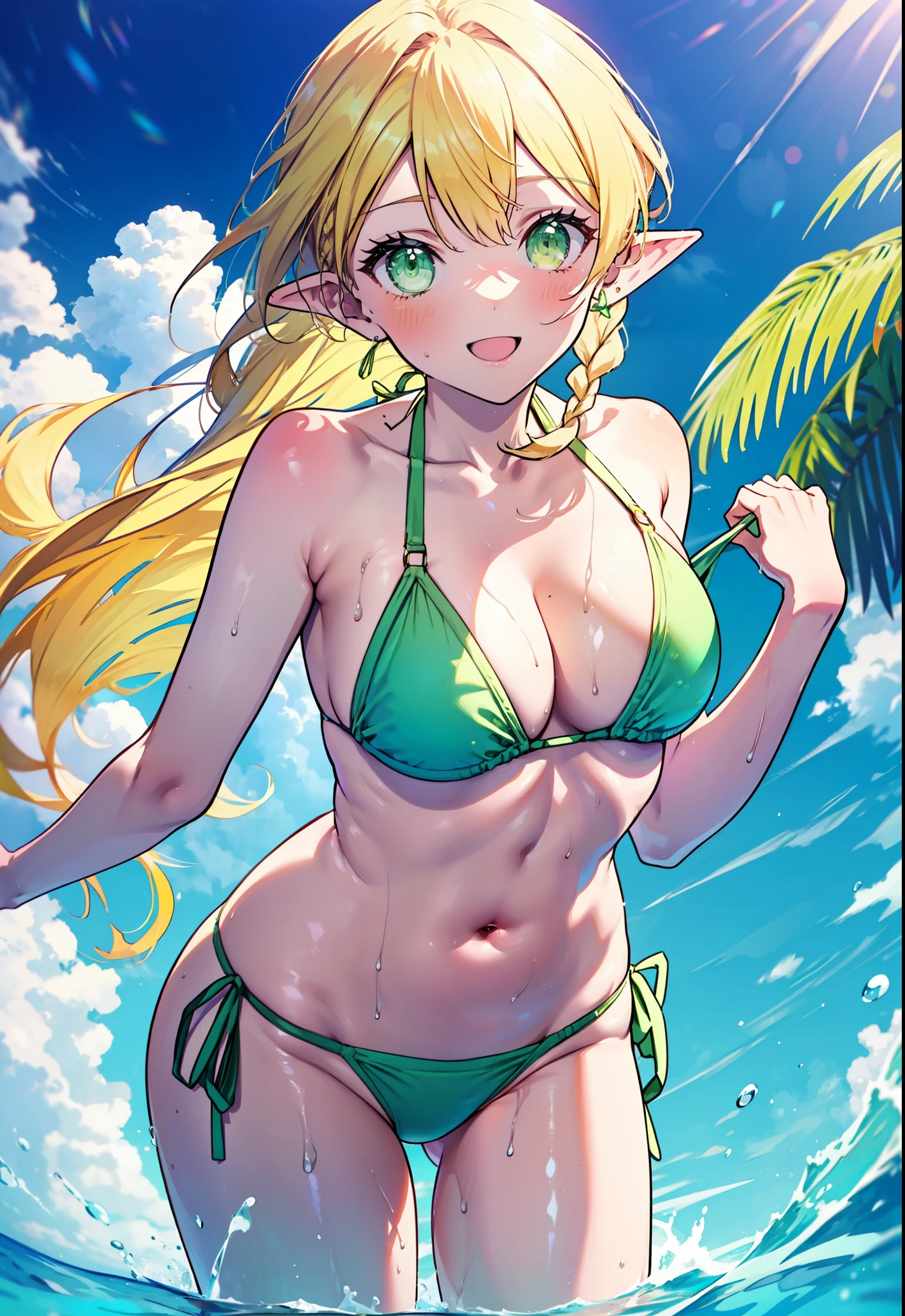 Suguhakirigaya, Suguhakirigaya, Long Hair,blonde,Green Eyes,Pointed Ears,Short braid,Big Breasts,Green bikini swimsuit,barefoot,Wet Skin,Wet Hair,Wet swimsuit,Water Play,True Summer,Daytime,Clear skies,happy smile,smile, Open your mouth,whole bodyがイラストに入るように,
break outdoors, Beach,
break looking at viewer, whole body,(Cowboy Shot:1. 5)
break (masterpiece:1.2), Highest quality, High resolution, unity 8k wallpaper, (shape:0.8), (Beautiful attention to detail:1.6), Highly detailed face, Perfect lighting, Highly detailed CG, (Perfect hands, Perfect Anatomy),