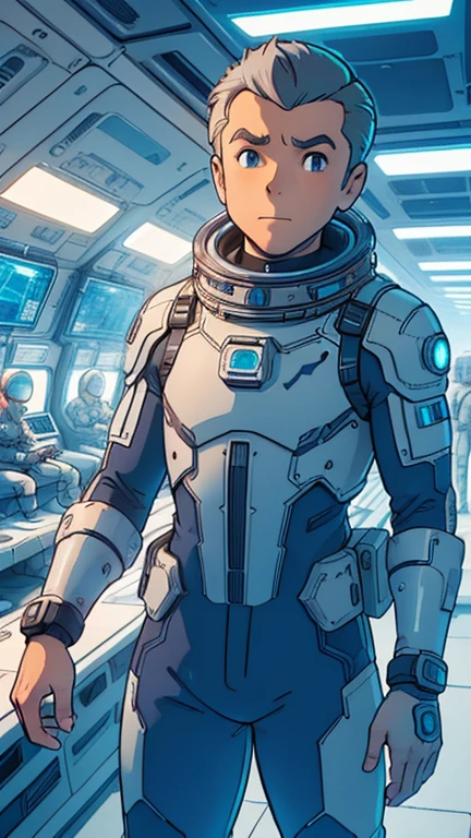 (Teens:1boy: clark,CyberpunkAI), (extremely detailed CG unit 8k wallpaper),(master part), (best quality), (ultra detali), (best illustration),(melhor ombre), cowboy shot, (Sharp eyeliner, ombre, detailed eyes:1), neon light cyberpunk indoors background, ,break , (StudioGhibliStyleHMC), upper body, very short hair, grey hair,astronaut suit